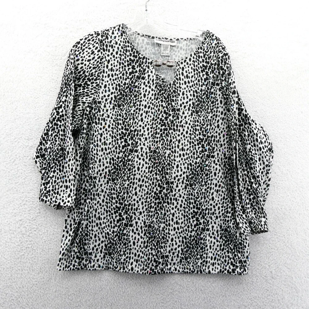 Cathy Daniels Sweater Large Womens Black White Spotted Tight Knit Long‎ Sleeve